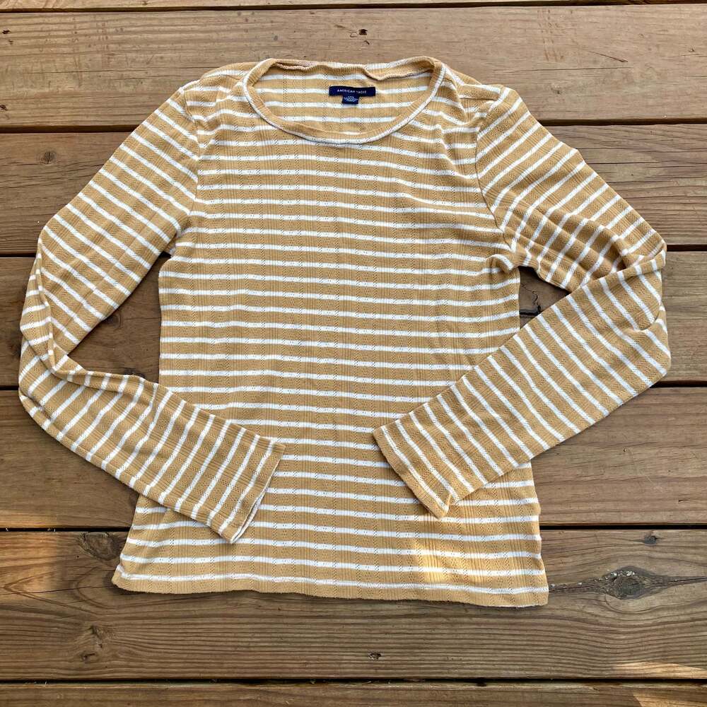 American Eagle Mustard and White Striped Long Sleeve Textured Ribbed Crewneck